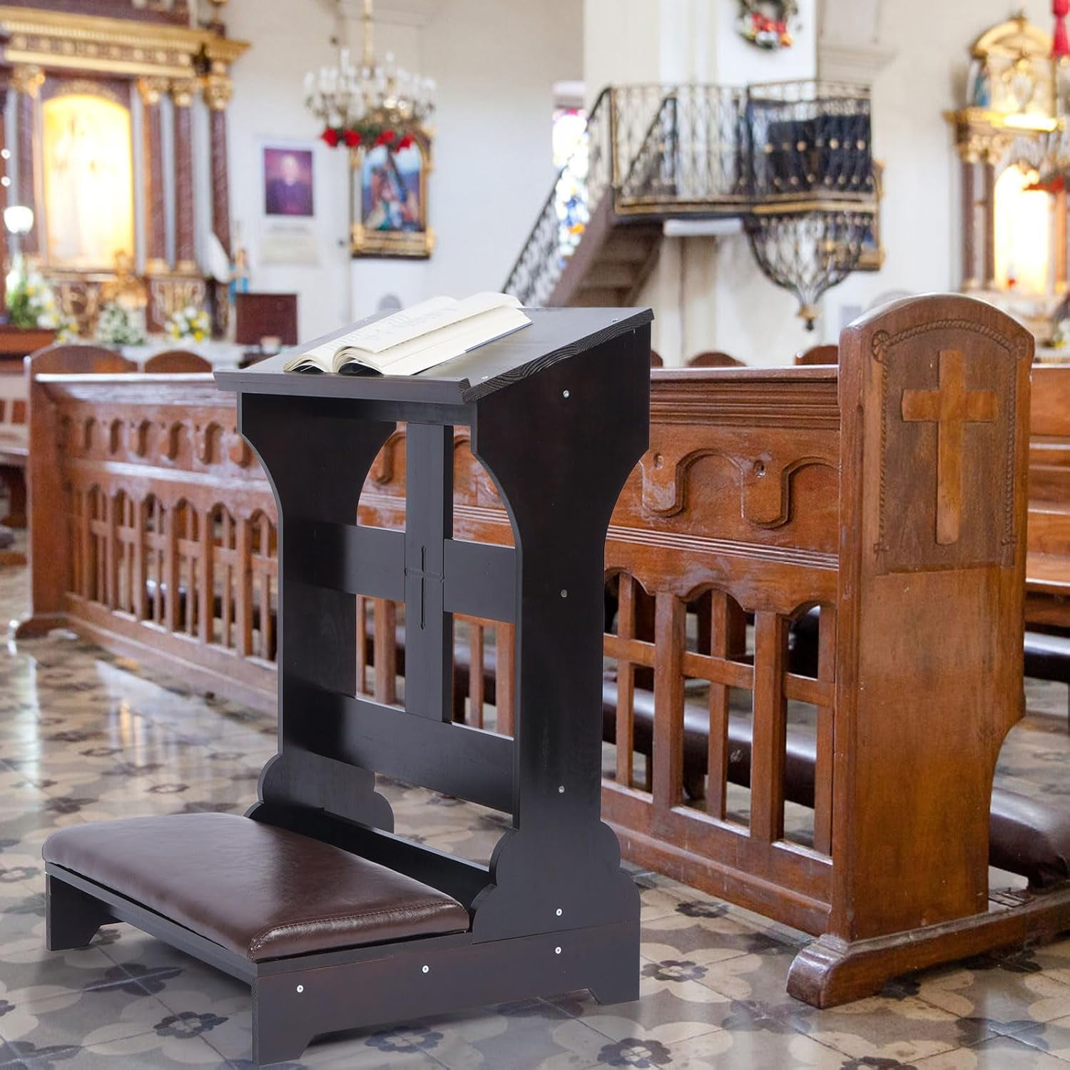 Gtouse Prayer Bench, Padded Prayer Kneeler with Book Shelf and Cushion, Prayer Table Chair Stool for Home & Church, 23.1" x 20.4" x 32.8"
