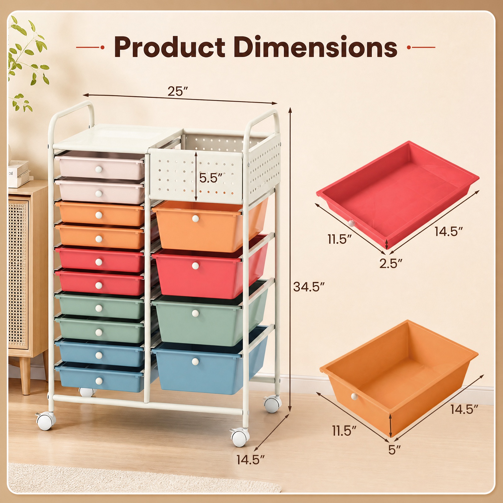 Furnibear 14 Drawer Rolling Storage Cart with Metal Tabletop Pegboard and Locking Wheels for Kitchen Office and Classroom Organizing, Macaron