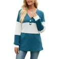 thumbnail image 3 of Deago Women's Color Block Long Sleeve Fall Sweaters Casual Fashion Ribbed Knit V Neck Button Pullover Shirts Tops (Blue, S), 3 of 8