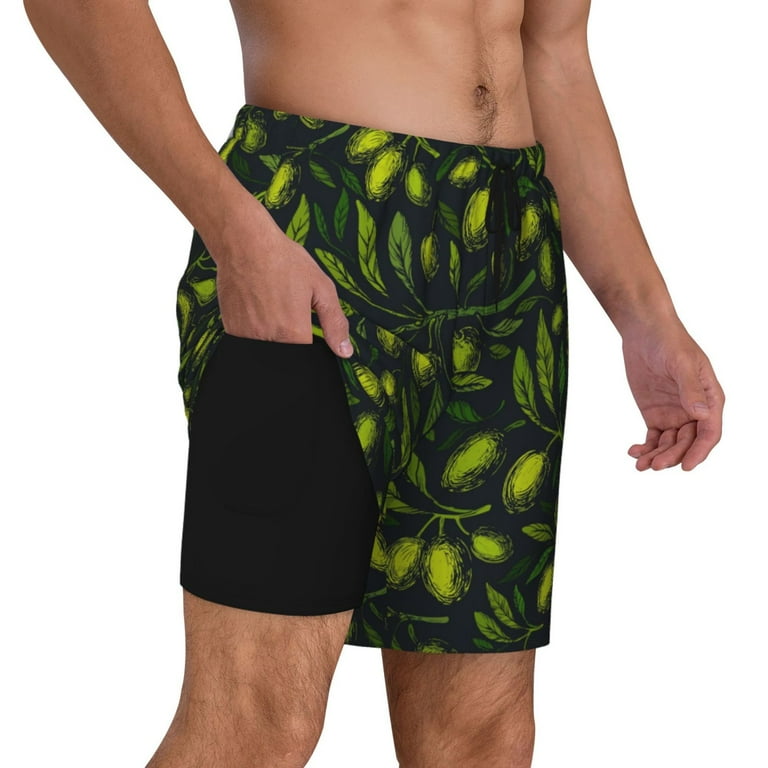 Cauagu Green Branch Olive Print Mens Swim Trunks Quick Dry Board