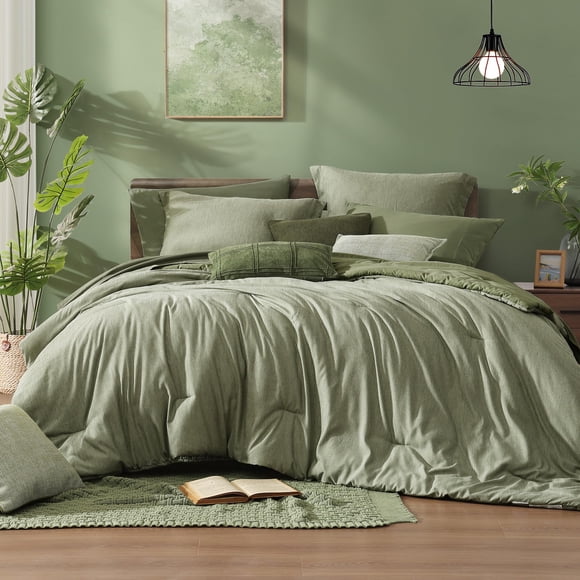 Juego de edredón Monbix tamaño king 7 piezas color verde salvia