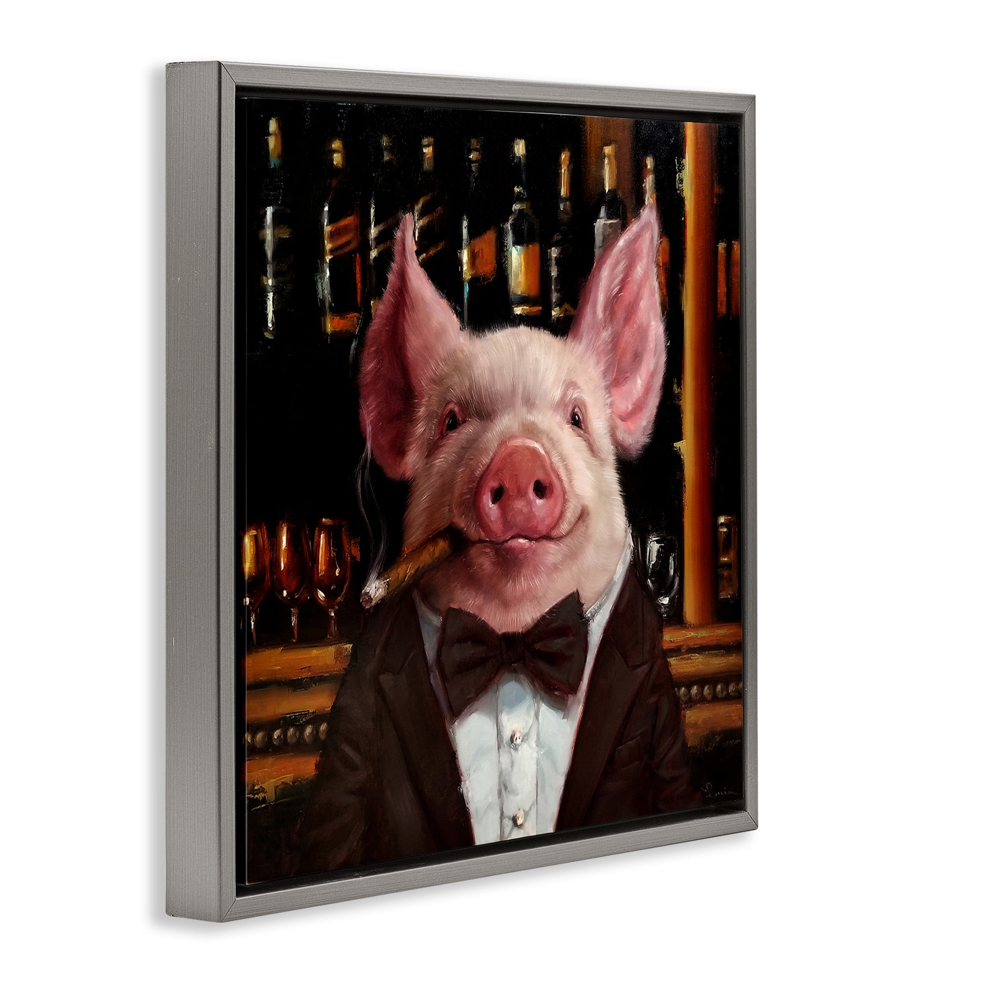 Stupell Industries Classy Pig at Cigar Bar Animals & Insects Painting Gray Floater Framed Canvas Art Print Wall Art, 25 x 25