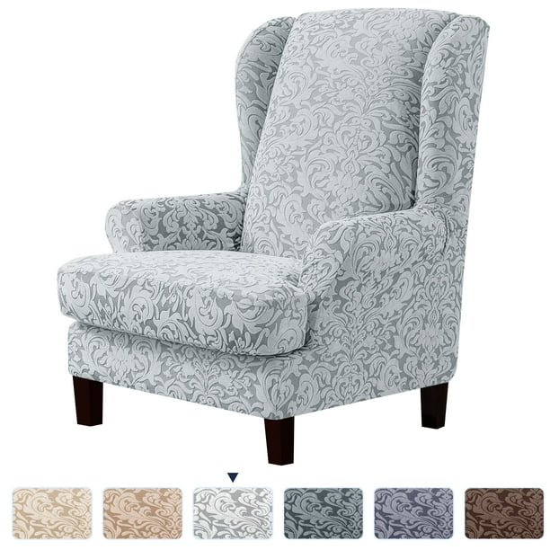 Subrtex Stretch Jacquard Damask 2 Piece Wingback Chair Slipcover Light Smoky Gray Com Subrtex Stretch Jacquard Damask 2 Piece, Grey Wingback Chair Slipcover