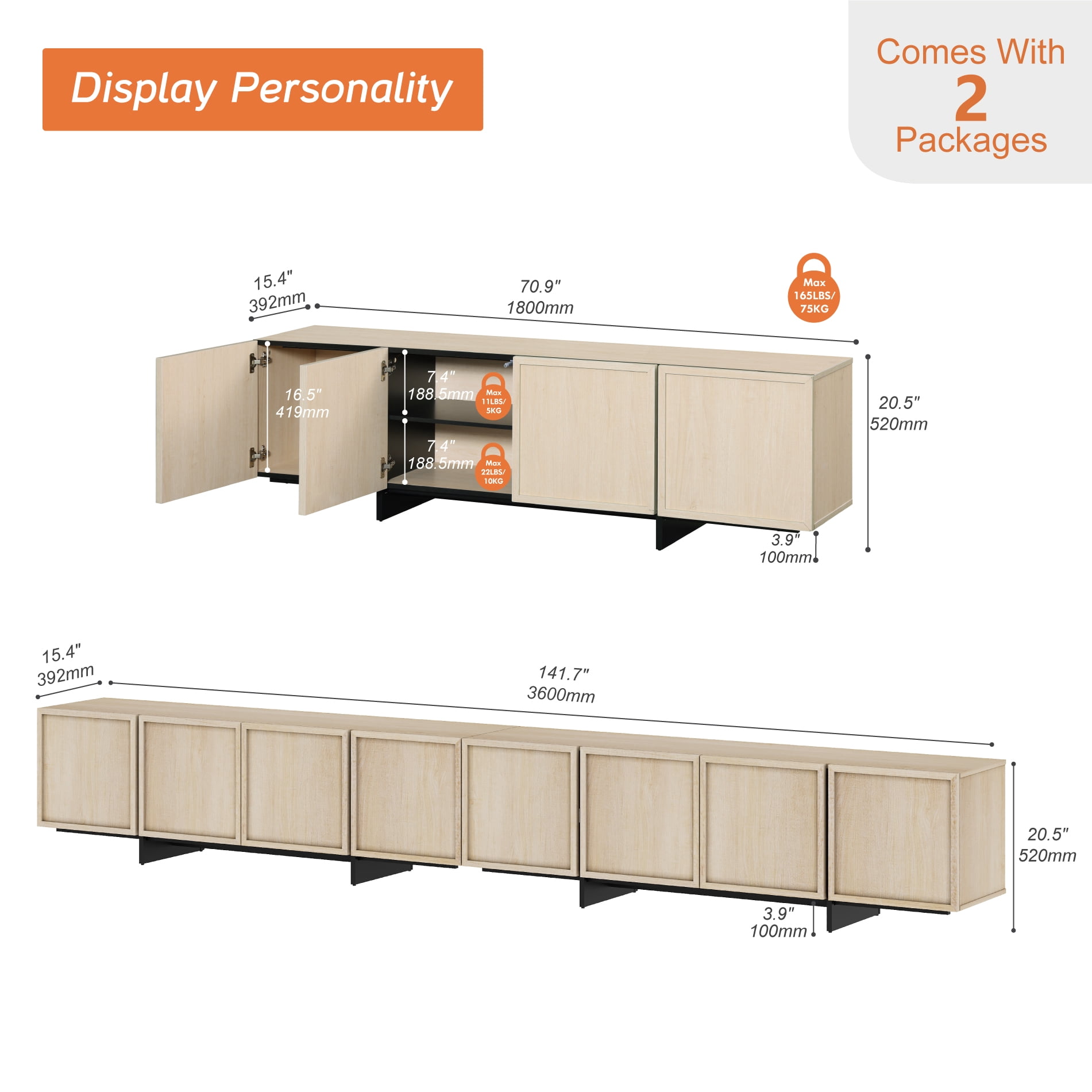 WAMPAT Modern TV Stand - Media Console Table for 32-110 inch TVs, Wood Entertainment Center with Storage Cabinets for Living Room，Beige