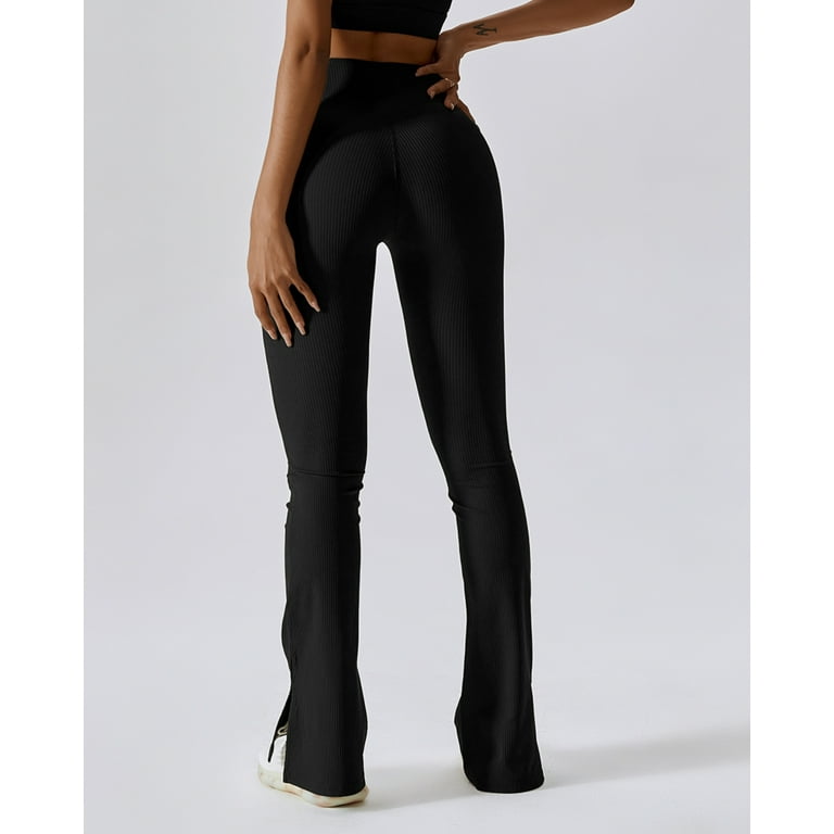 FITOP Women's Ribbed Flared Leggings with Slit Hem High Waist