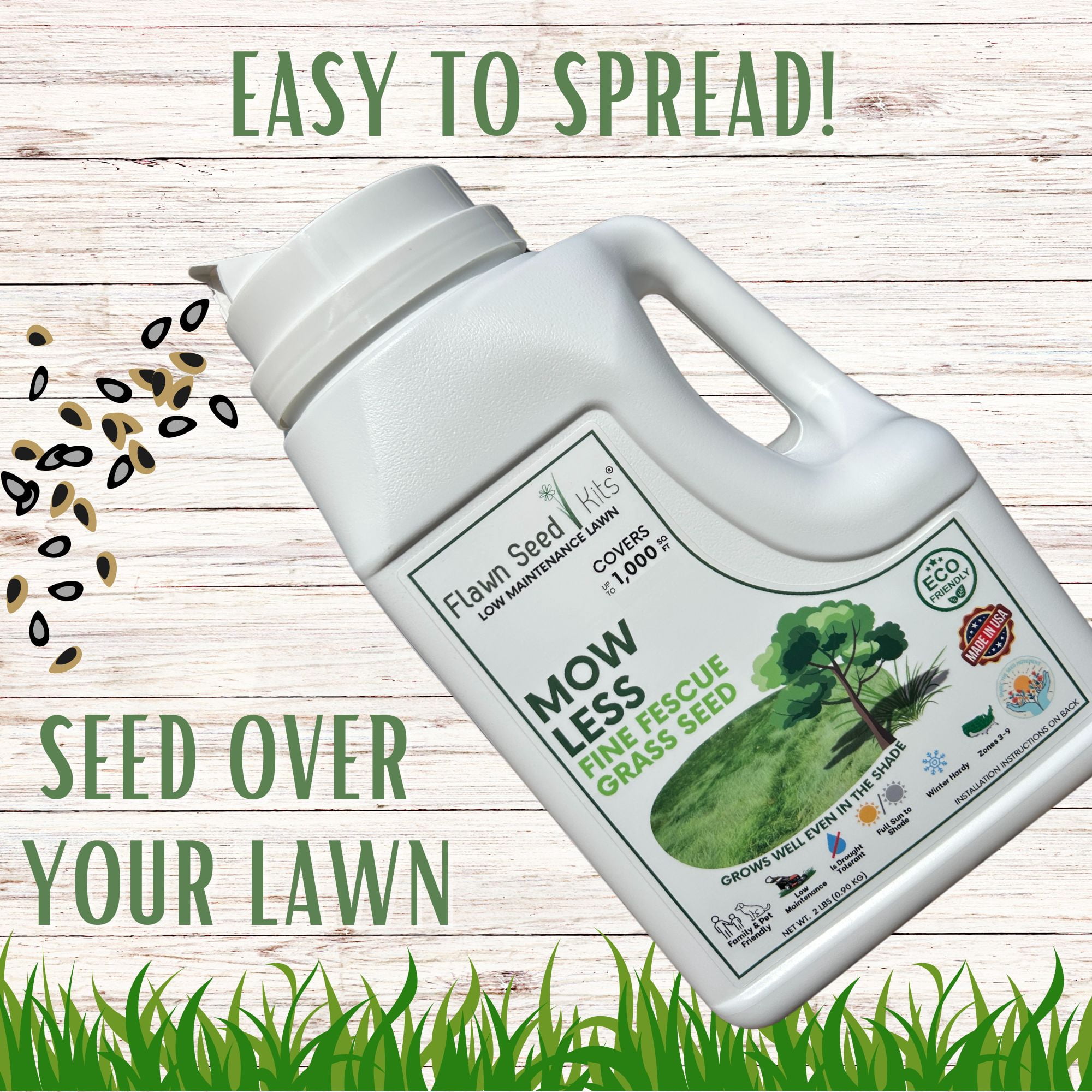 Flawn Seed Kits Mow Less Fine Fescue Grass Seed, 2 lb - Easy Spread Shaker, Low Maintenance