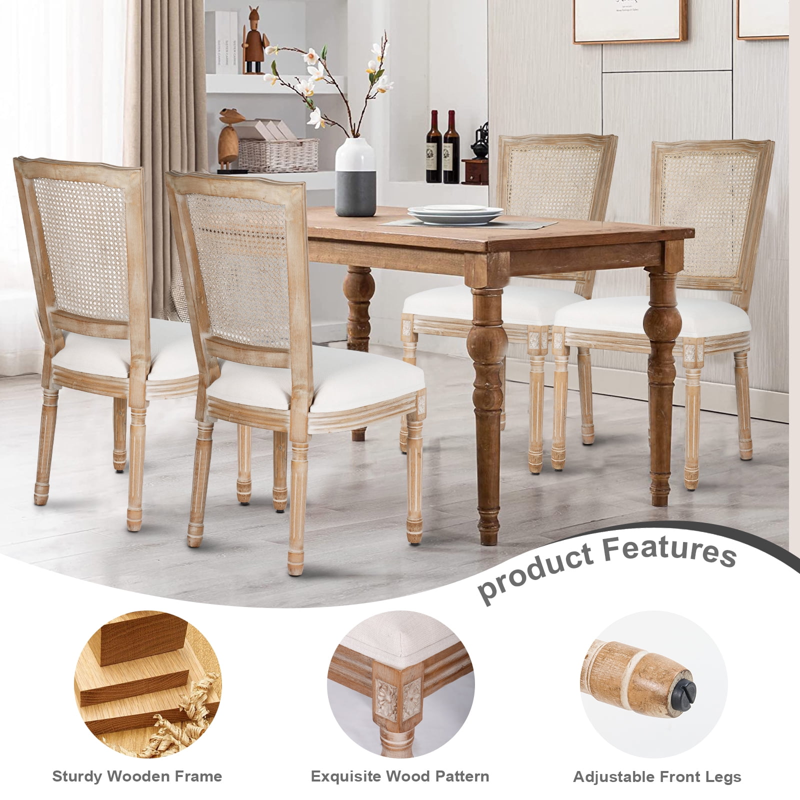 French Dining Chairs Set of 2 Beige Natural Fabric Square Back with Solid Wood Legs and Frame for Bedroom Dining Room Kitchen