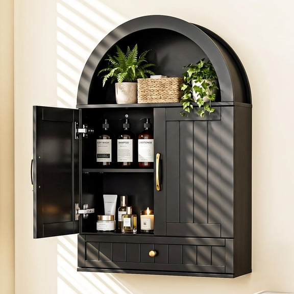 Arched Bathroom Wall Cabinet, Medicine Storage Organizer, Floating Over Toilet Cupboard With Drawer, Modern Farmhouse Hanging Display Shelf, Rustic Home Decor, Black, 1 Piece