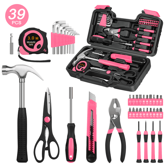 Cshidworld 39-Piece Tool Set General Household Hand Kit with Plastic Toolbox Storage Case, Basic Home Tool Kit for Girls Ladies and Women - Includes Essential Tools for Home Garage and Office, Pink