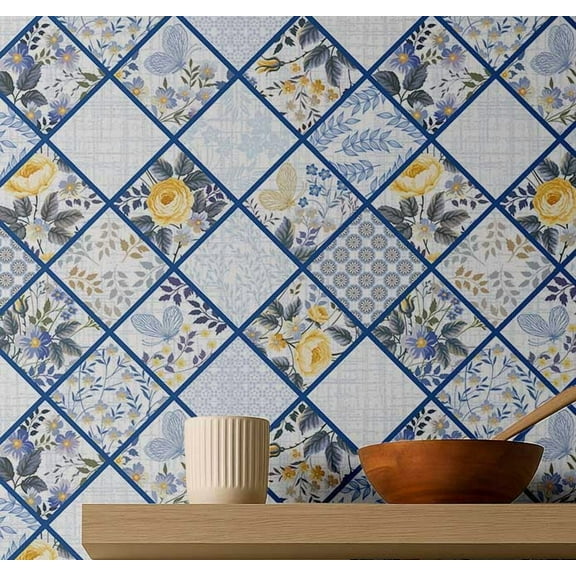 S4sassy Removable Vintage Style Waterproof Wall Wrap, Classical Tile Wallcover, Blue Contact Paper for Backsplash, Kitchen, Self Adhesive Vinyl Wallpaper Roll, DIY Home Decor - Blue-25"x120" inch