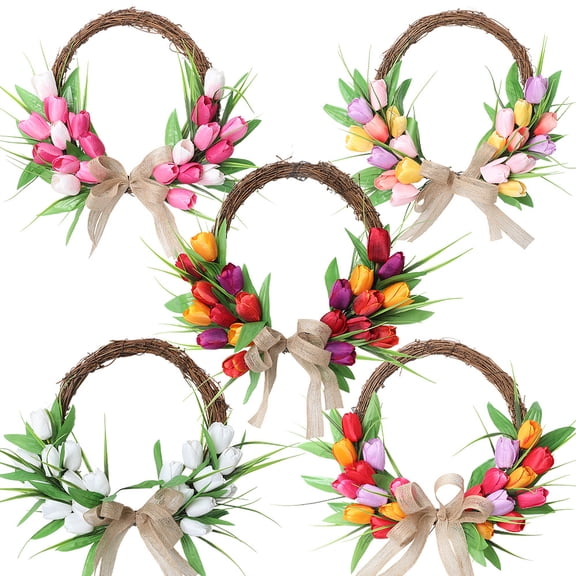 15.7inch Artificial Tulip Wreaths Front Door Wreath, Fake Vine Rattan Rings Simulation Silk Flower Hanging Garland with Linen Bow, Faux Half Coverage Spring Summer Wreath for Home Decorations