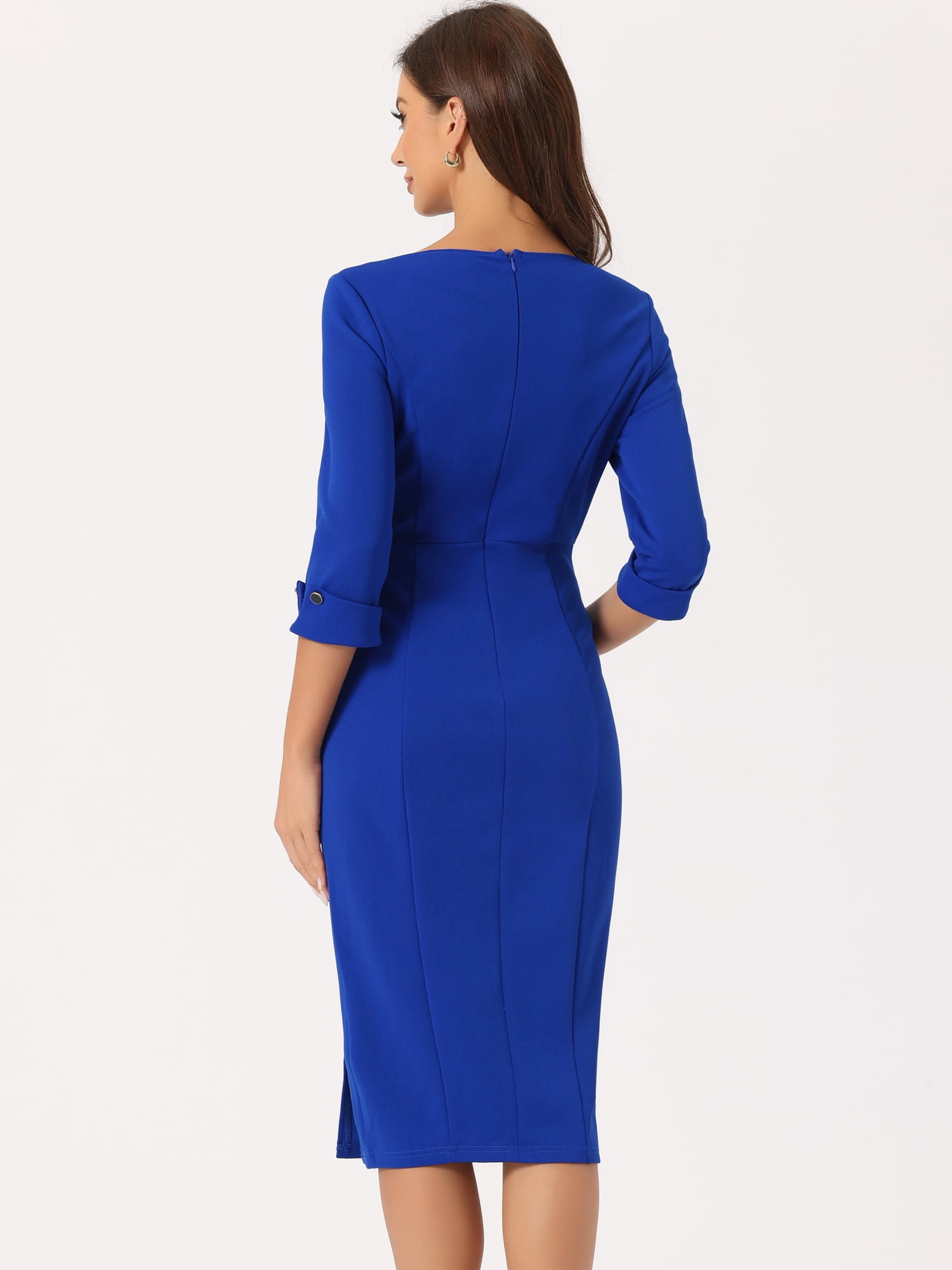 DARING DIVA Elegant Boat Neck 3/4 Sleeves Midi Split Sheath Dress S Royal Blue