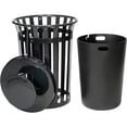 thumbnail image 2 of 36 Gallon Outdoor Metal Slatted Trash Receptacle with Rain Bonnet Lid, Black, 2 of 6