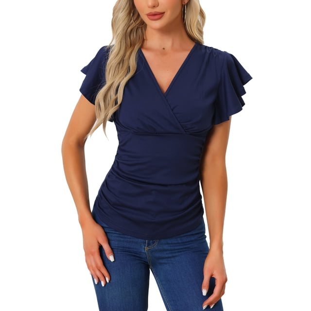 Blusa Faux Wrap Inspire Chic para mujer, blusa casual de verano con cuello en V y mangas con volantes, talla S, azul oscuro