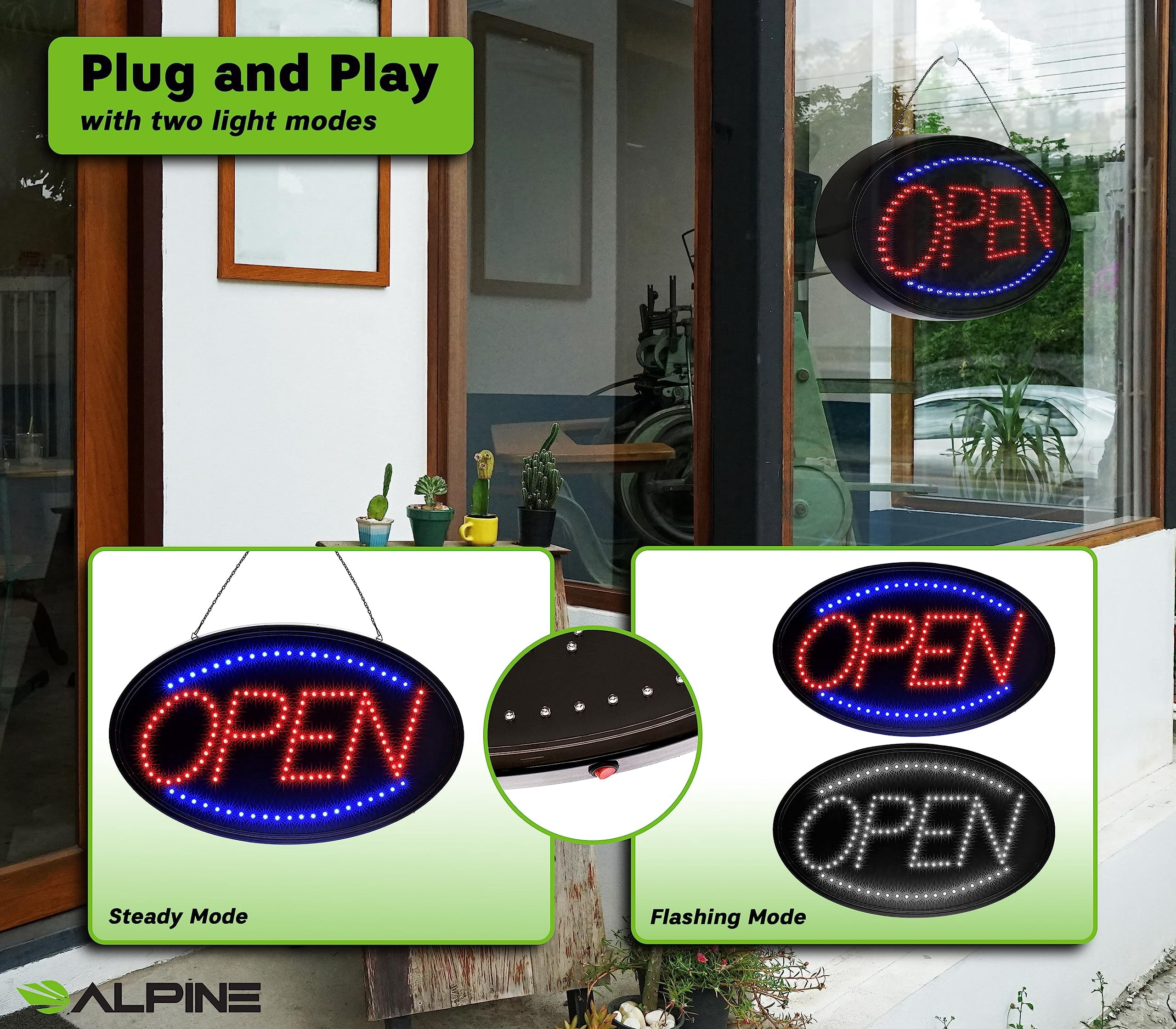 Alpine Led Open Signs for Business Window - Flashing High Visibility Lighted Open Led Sign, Electric Store Open Sign to Hang in Store, Restaurant, Bar, Barber Shop (Oval, 23" X 14")