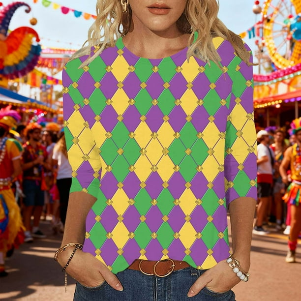 Xuyuer 2025 Womens 3/4 Sleeve Tops Mardi Gras and Christmas Costumes Fashion Round Neck Blouse