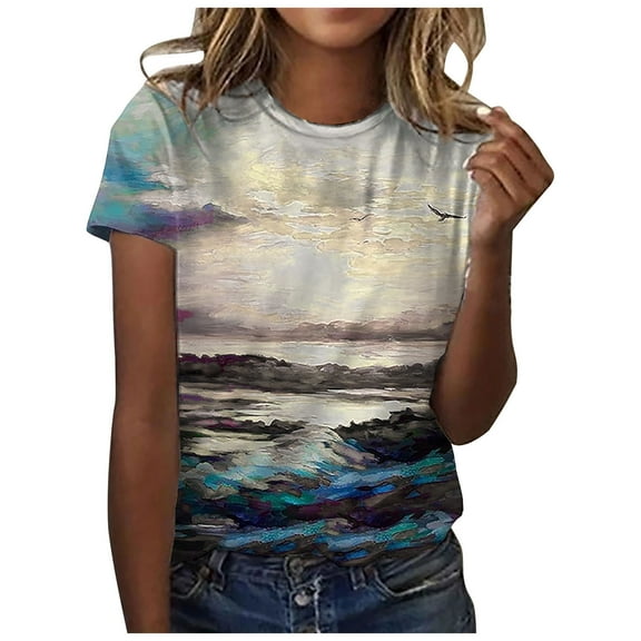 Patlollav Womens Dusk Printed T Shirt Casual Loose Short Sleeve Shirt Round Neck Tops