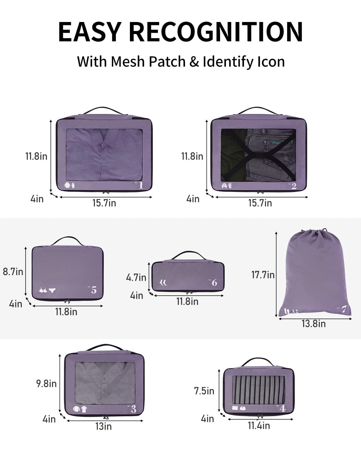 7 Pcs Packing Cubes for Travel Organizer Tear-Resistant with Number Icon Handle Storage Bags for Carry on Bag for Clothes Shoes, Purple
