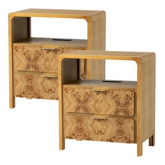 COZAYH Farmhouse 2 Drawer Nightstand with Charging Station, Wood Finish, Natural, Set of 2