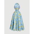 thumbnail image 2 of Blue Lemon Print Sleeveless Halter Midi Dress With Pleated Waist, Elegant Tea Party & Summer Occasion Dress, 2 of 4