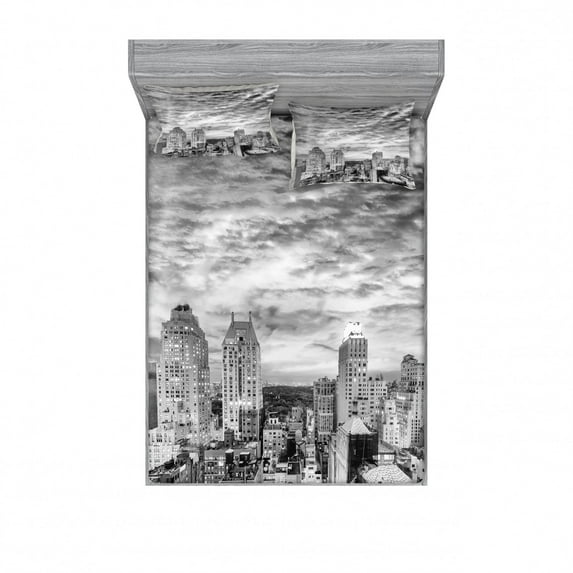 Black and White Bedding Set with Sheet & Covers, Skyline Rooftop View of New York in Cloudy Day Panoramic Bust Cityscape, Printed Bedroom Decor 2 Shams, 4 Sizes, Black White, by Ambesonne