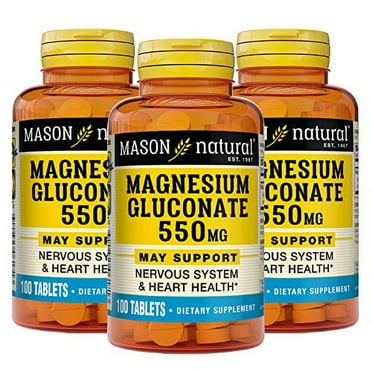 Mason Natural Magnesium Gluconate 550 mg - Healthy Heart and Nervous System, Improved Muscle Function and Blood Pressure Levels, 100 Tablets (Pack of 3)