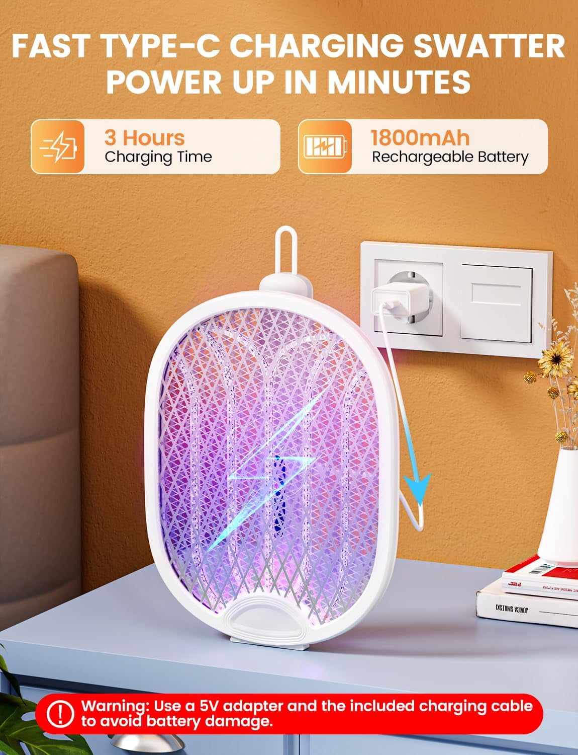 Electric Fly Swatter 4000V Bug Zapper Racket with 1800mAh Rechargeable Battery 5-Layer Safety Mesh Dual Modes 180° Foldable Ideal for Indoor or Outdoor Use (White)