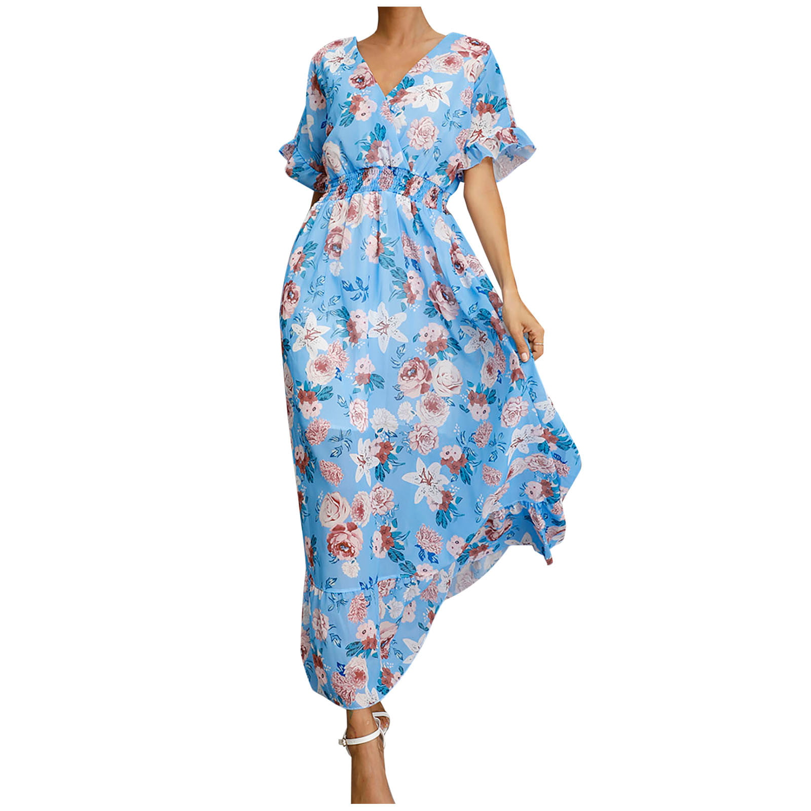 Maxi Dresses for Women Summer Short Sleeve Boho Floral Wrap Long ...