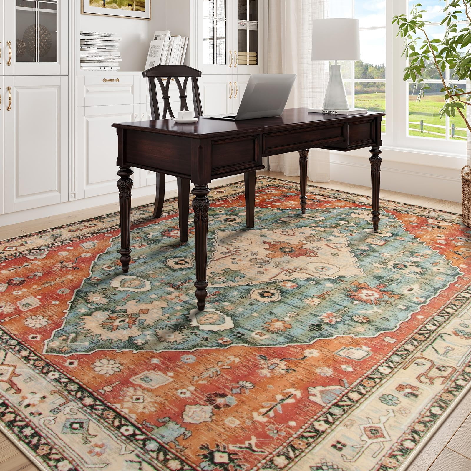 Lahome 8'x10' Area Rugs for Living Room,Machine Washable Rugs,Low Pile Non Slip Vintage Floral Print Rug Carpet for Entryway,Hallway,Kitchen,Home Decor,Geometric Tribal