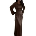 thumbnail image 3 of Vestido Elegante de Otoño para Mujer, Ajustado, Fruncido, con Mangas Largas Acampanadas y Aberturas para Cóctel Marrón L, 3 of 8