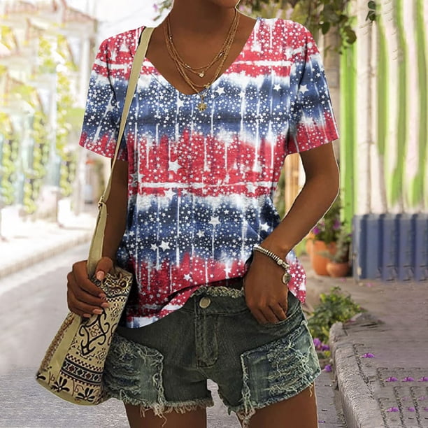 Fiudx Ofertas Flash Del Día Solo En Línea Blusa Superior con Estampado de Manga Corta y Cuello En V, Cómoda E Informal, a La Moda para Mujer