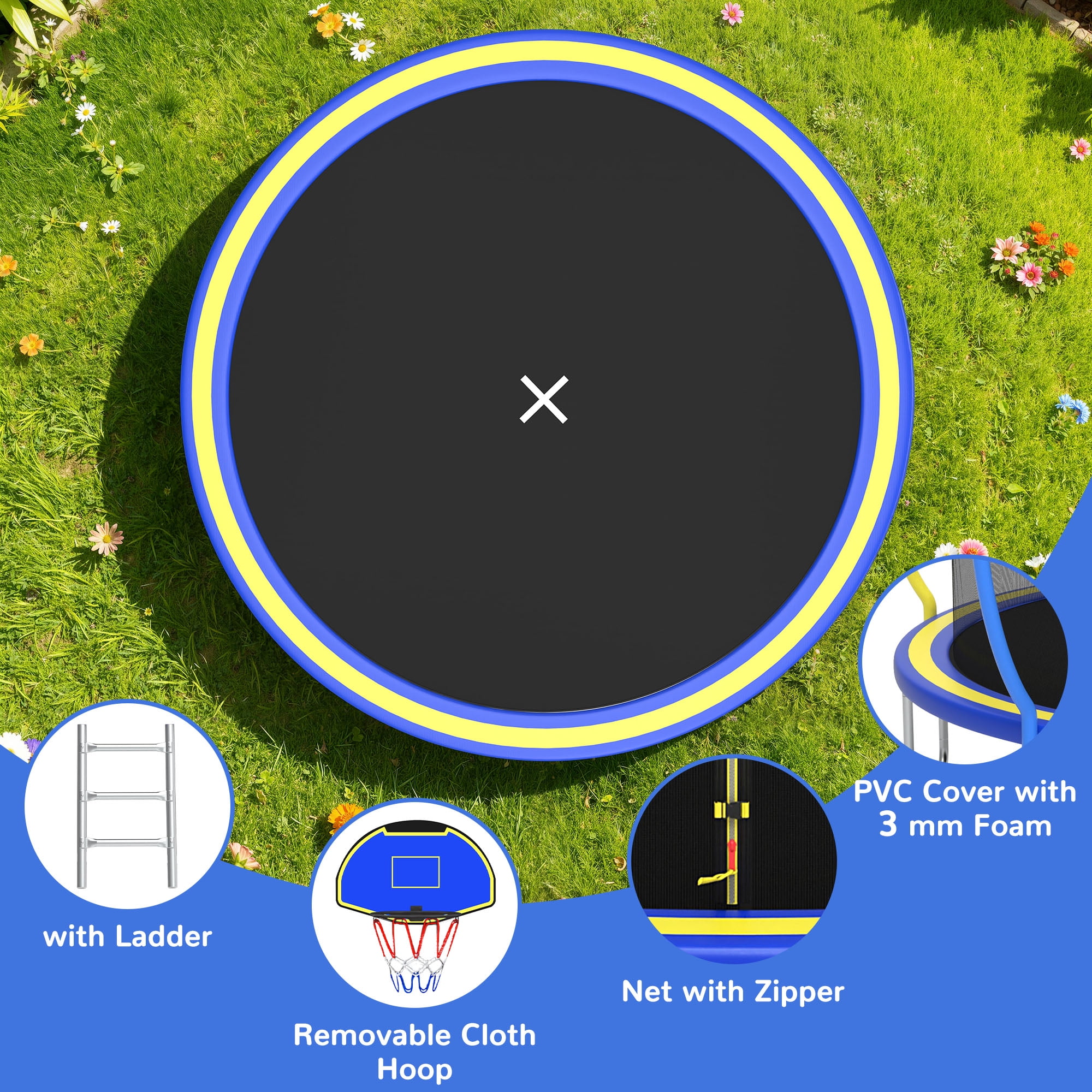 12FT Trampoline for Kids - Seizeen Round Trampoline W/ Enclosure Net & Hoop, Outdoor Colorful Trampoline with Waterproof Cover & Ladder