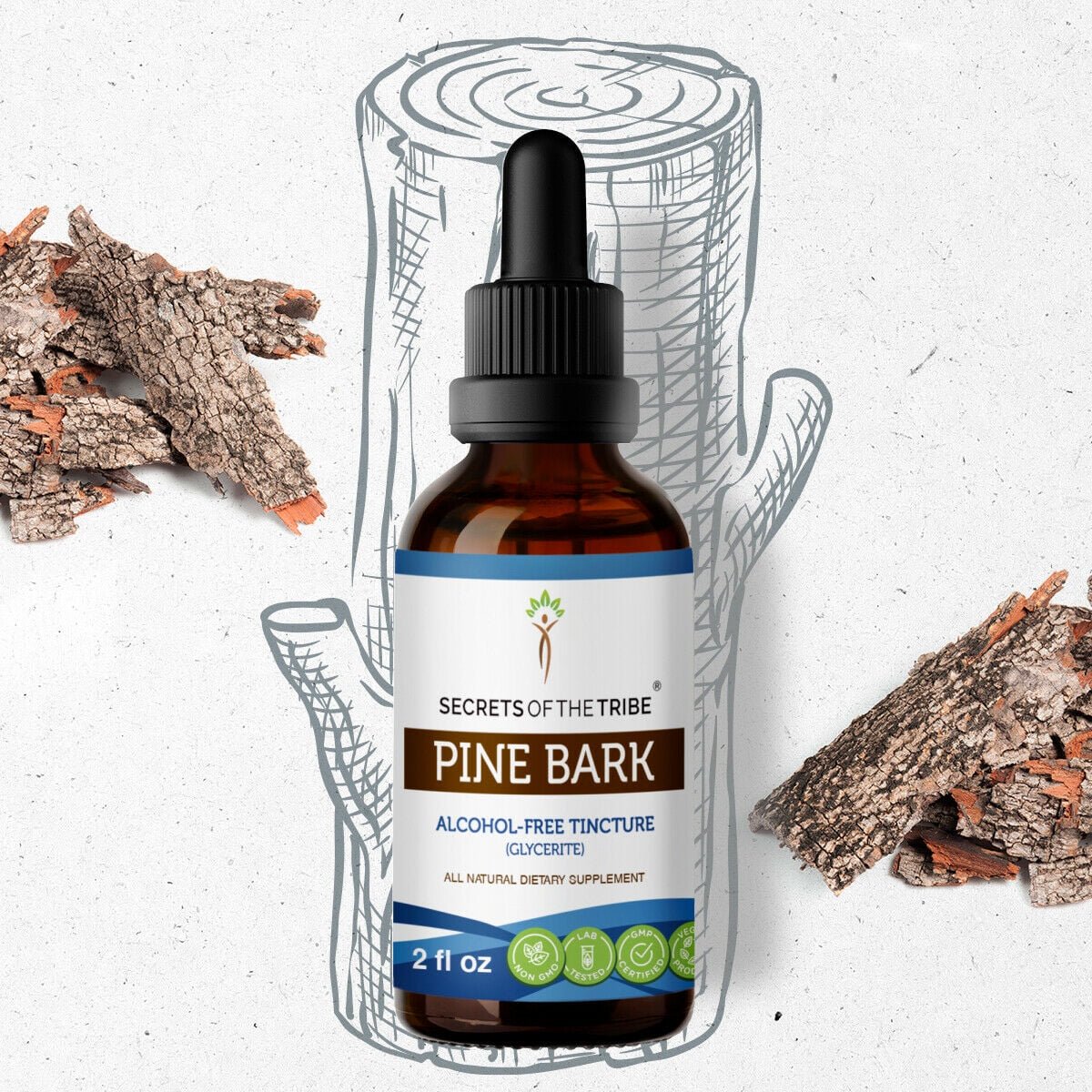 Secrets Of The Tribe Pine Bark Tincture Dietary Supplement, Natural Herbal Extract for Antioxidant Support, Pine Bark (Pinus strobus) Dried Bark, Alcohol-Free Extract, Drops 2 oz