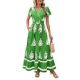 thumbnail image 3 of Womens 2025 Summer Casual V Neck Boho Maxi Dress Flowy Aline Bell Sleeve Tiered Floral Dresses with Pocket Green XXL, 3 of 7