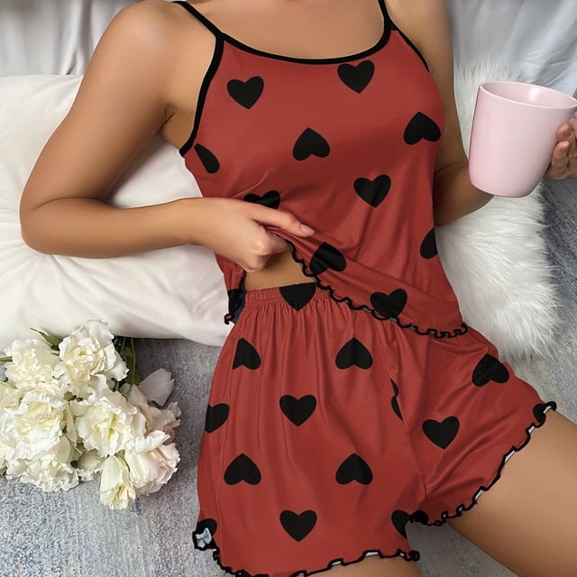 Heart Print Pajama Set, Scoop Neck Cami Top & Lettuce Trim Shorts, Women's Sleepwear & Loungewear