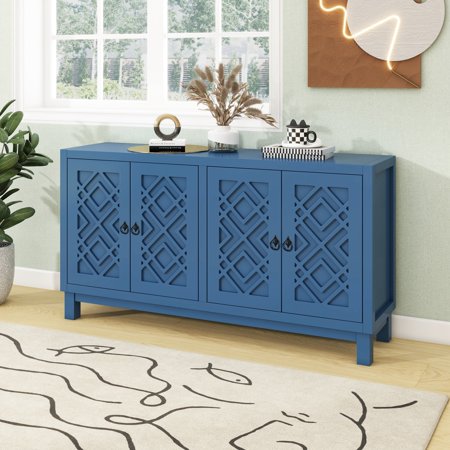 60" Acrylic Buffet Sideboard Cabinet, 4 Carved Door Modern Accent Cabinet with Adjustable Shelf, Storage Cabinet Wood Cupboard, Chest Console Table for Living Room Entryway Dining Room, Navy