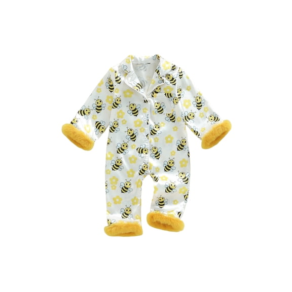 RUINIXCW Toddler Baby Girl Silk Stain Pajamas Newborn Infant Baby Girls Bee Flower Romper One Piece Spring Fall Sleepwear Fuzzy Trim Long Sleeve Button Up Jumpsuit Homewear
