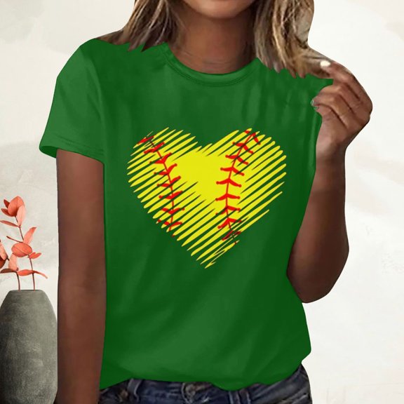 Summer Saving Wycnly Womens Shirts Round Neck Short Sleeve Heart Print Summer Cute Tops Casual Loose Fit Ladies Breathable Pullover Blouses Green xl Clearance Under $5