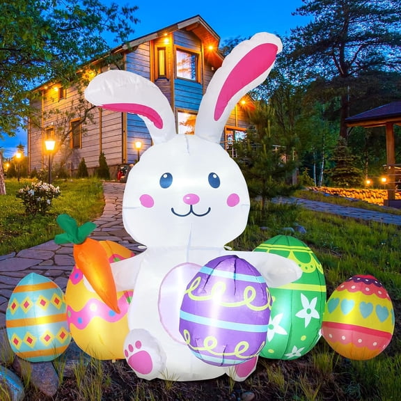 Easter Inflatables Outdoor Decorations Rabbit Easter Blow up Yard Decoration Colorful Egg Bunny Inflatable Decorations with Built in LED Lights for Yard Lawn Garden Home (1 Set,Adorable)