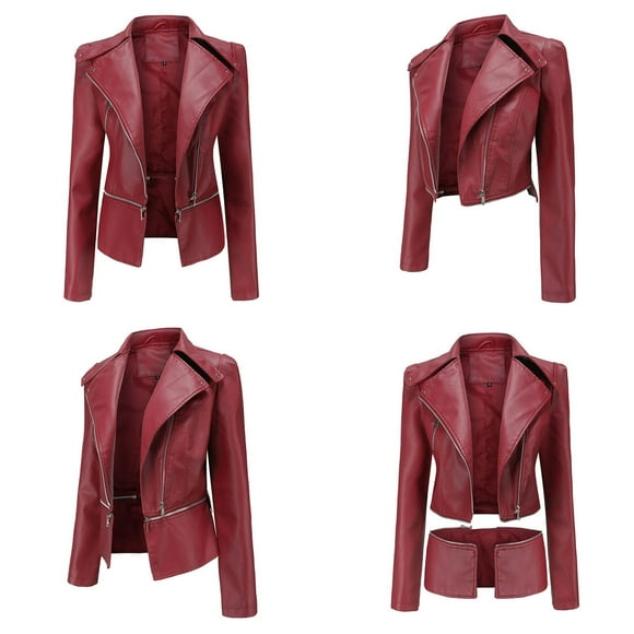 EGNMCR Womens Long Sleeve Jacket, Long Sleeve Hoodless Casual Outwear & Jackets Women's Slim Leather Stand Collar Zip Motorcycle Suit Belt Coat Jacket Tops Women Coat