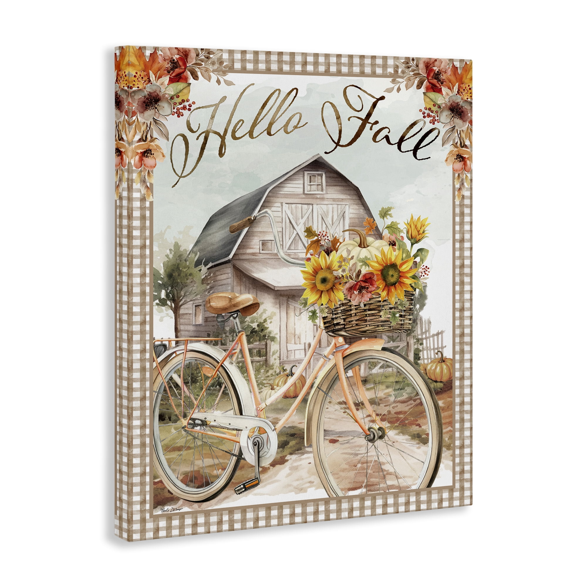 Stupell Industries Hello Fall Cottage Bicycle Botanical & Floral Painting Gallery Wrapped Canvas Art Prints Wall Art, 30 x 40