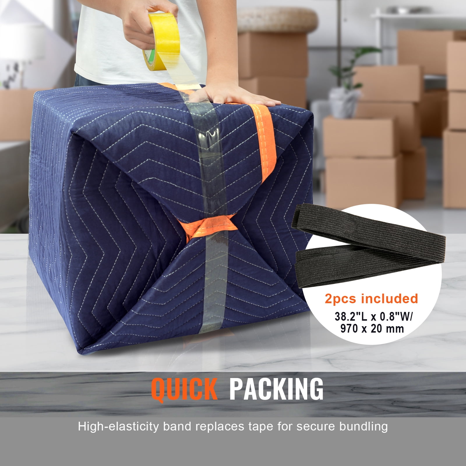 KFFKFF Moving Pads, 80" x 72", 65 lbs/dz, Set of 12, Durable Non-Woven & Recycled Cotton Material, Heavy-Duty Protection for Furniture, Flooring, and Appliances, Blue/Orange