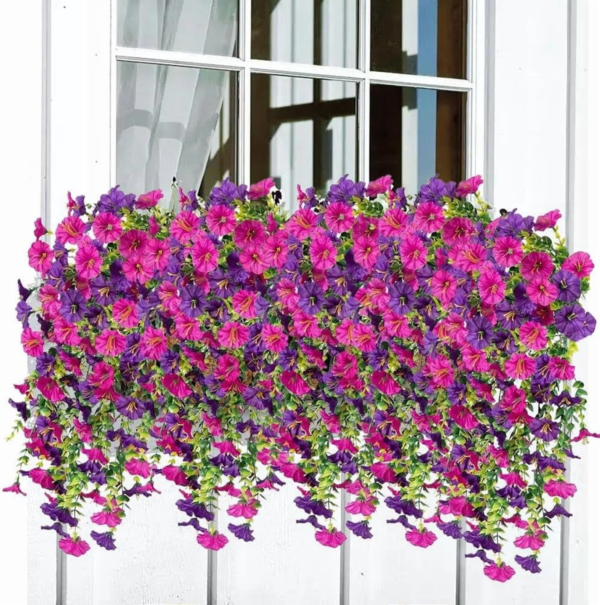 Artificial Hanging Flowers for Outdoors, 2 Pcs Faux Silk Morning Glory with Eucalyptus Leaves, UV Resistant Hanging Vine for Spring Garden Porches Decor