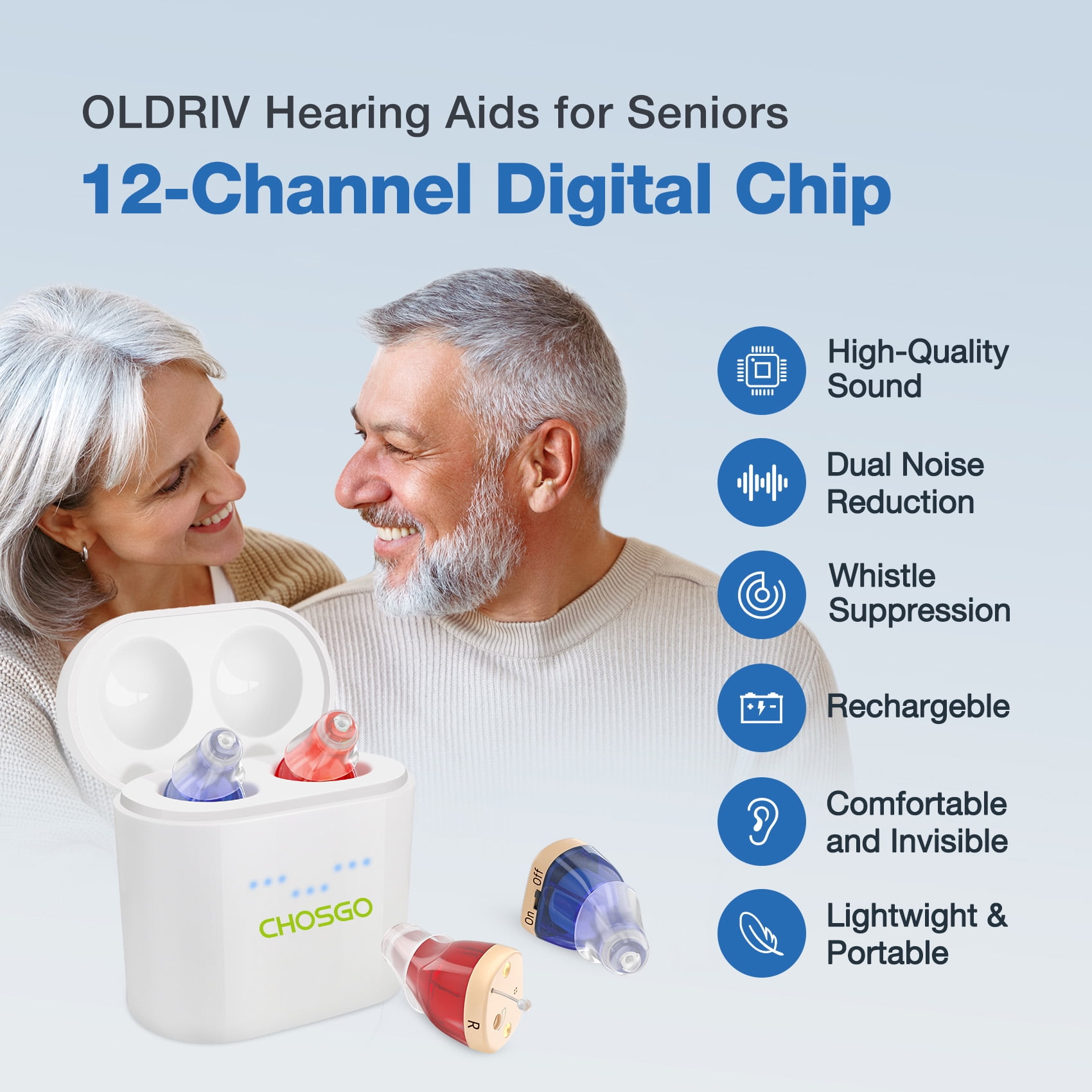 Chosgo Rechargeable CIC Hearing Aids for Seniors with Noise Cancelling, Hearing Amplifiers for Ear with Portable Charging Case, Mini CIC Hearing Aids with 12-Channel(Red&Blue)