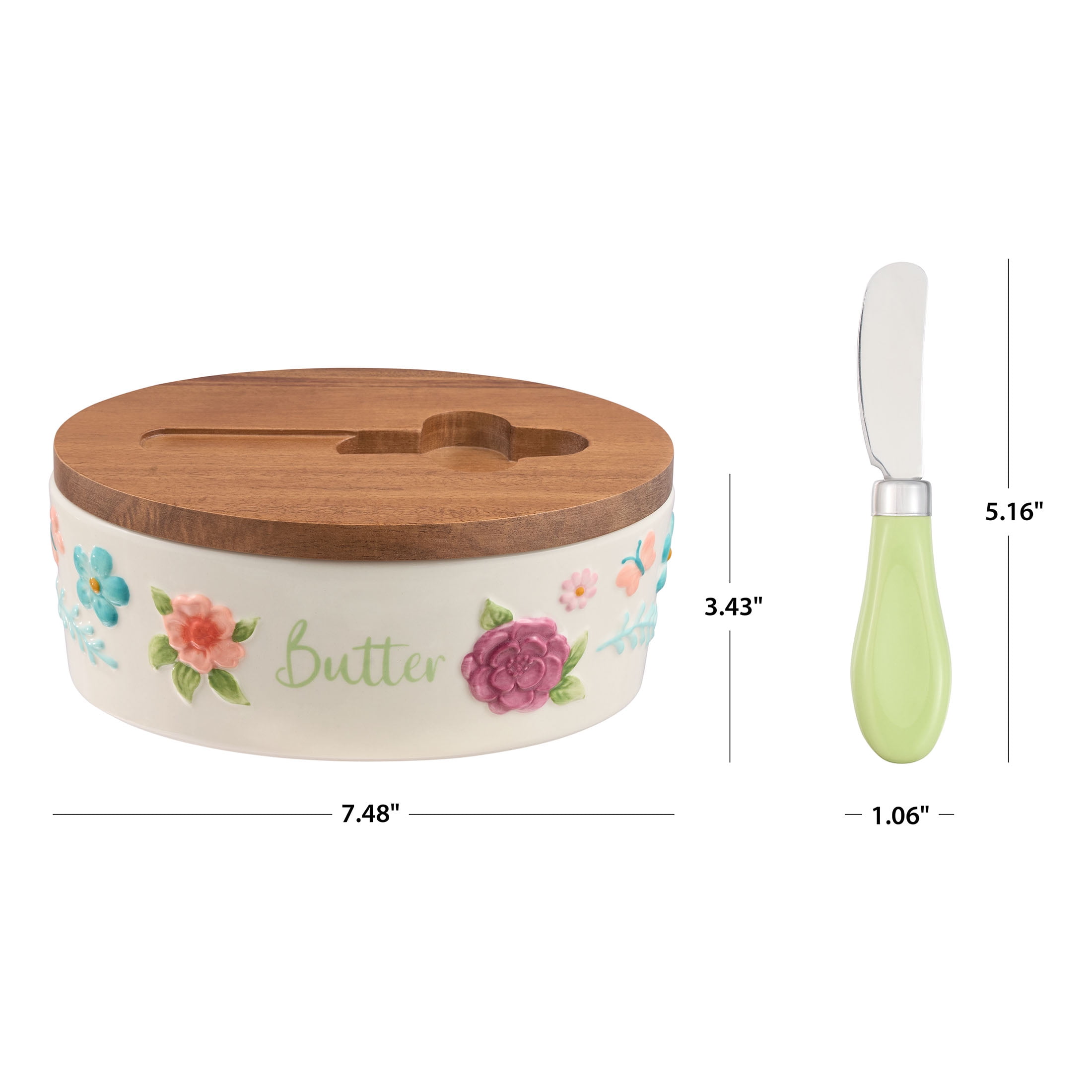 The Pioneer Woman Ceramic Painted Meadow Butter Dish with Acacia Wood Lid and Serving Knife, Best Used for Everyday Kitchen Organization