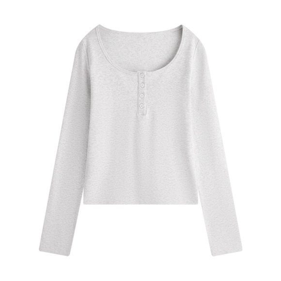 Ltctricy Women's Long Sleeve Tops Scoop Neck Quarter Button Solid Color Cropped T Shirts Soft Casual Tees Going out Blouses(Gray,X-Large)