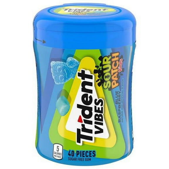 Trident Vibes Sour Patch Kids Blue Raspberry Sugar Free Gum, 40 Piece Bottle - Pack of 2