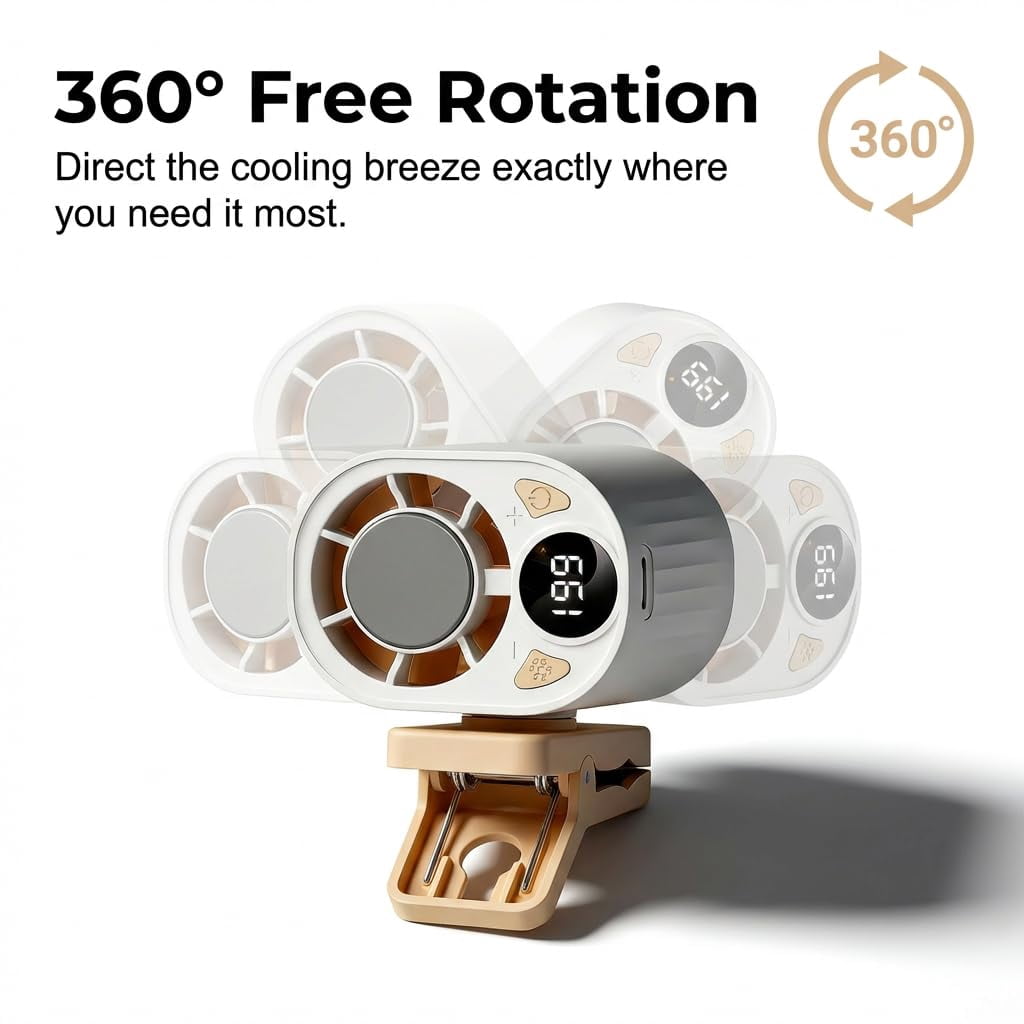 Car Clip On Air Conditioner Fan, 2026 Hands-Free Personal Cooling Fan 360° Rotation & 199 Speeds, 3-Speed Silent Bladeless Fans for Cars, Work, Camping