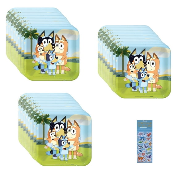 Bluey Birthday Party Supplies Bundle includes 24 Square Lunch Dinner Paper Plates 9" and 1 Dinosaur Sticker Sheet
