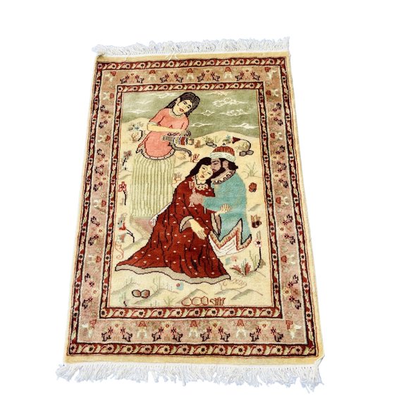 Ahmedani Linen Exclusive Designed Umre Khayam Love Rectangle Living Room or Bedroom Area Rug Wool Silk Hand Knotted Carpet ( 4 X 2 )'